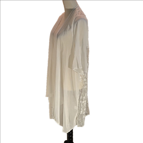 Floral Pattern White Lace Splicing Blouse, Open Front Cover Up Kimono Women 1X - Picture 2 of 13